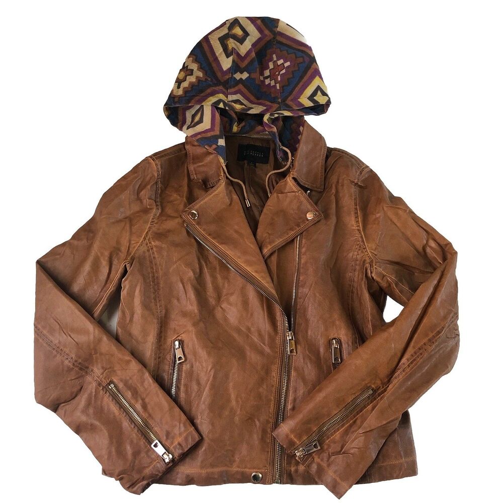 BLU PEPPER Womens Faux Leather Moto Biker Jacket Brown Geometric Aztec Hood Sz L